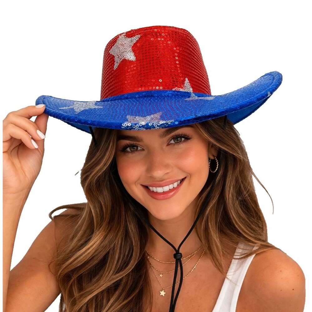 Sequin Patriotic Cowboy Hat Red White Blue Stars USA Rodeo Festival Western